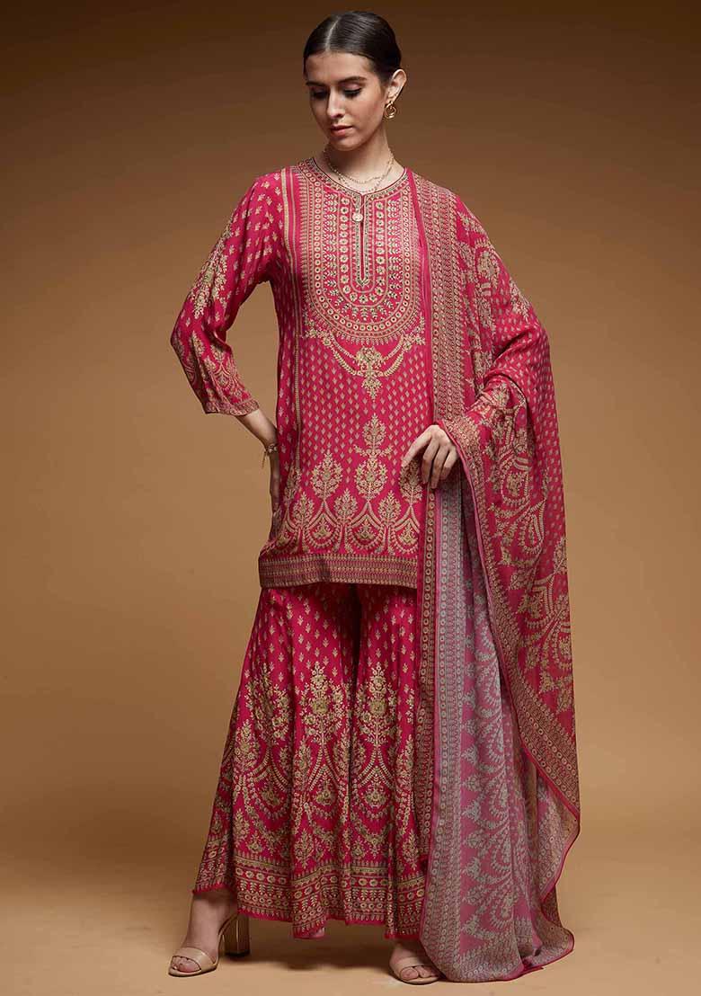 Fuchsia Printed Rhinestones Work Bamberg Crepe Sharara Set
