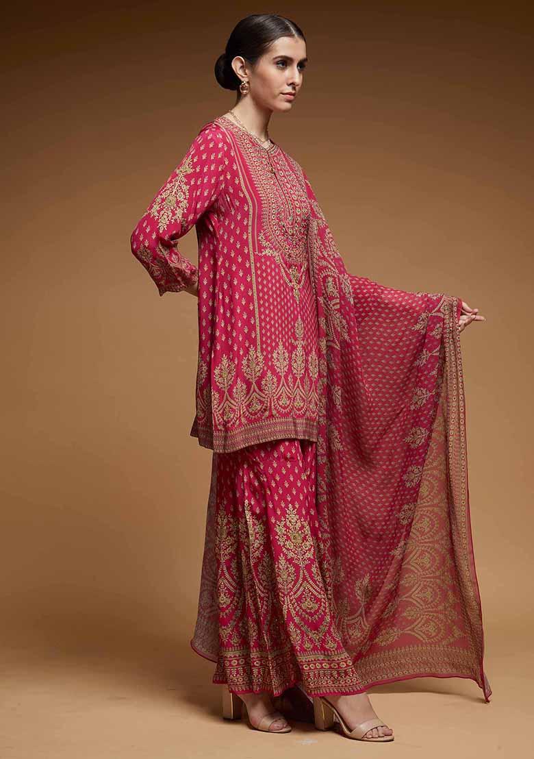 Fuchsia Printed Rhinestones Work Bamberg Crepe Sharara Set