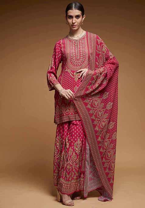 Fuchsia Printed Rhinestones Work Bamberg Crepe Sharara Set