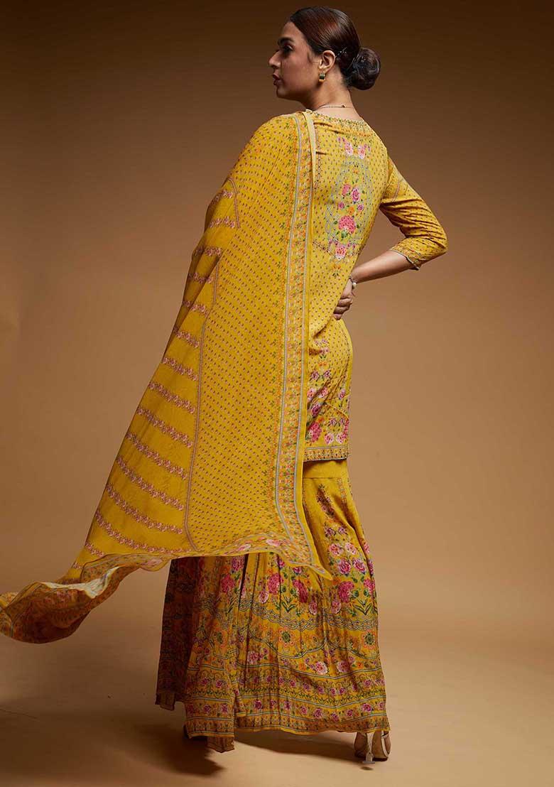 Mustard Printed Rhinestones Work Bamberg Crepe Sharara Set - Indya
