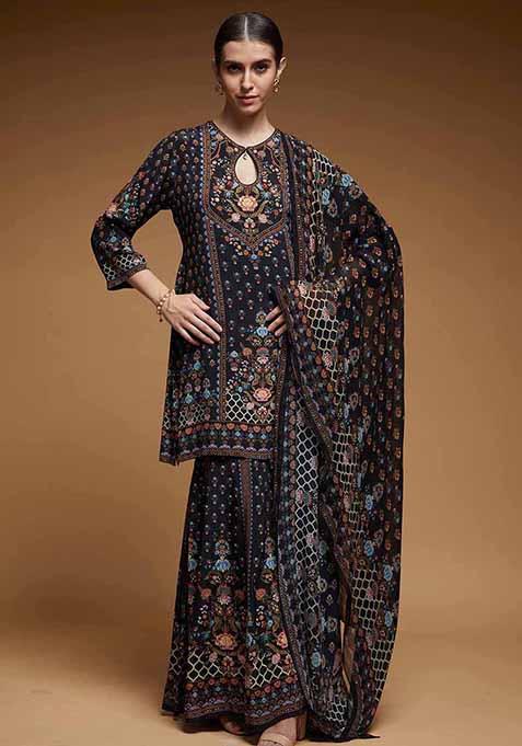 Black Printed Rhinestones Work Bamberg Crepe Sharara Set