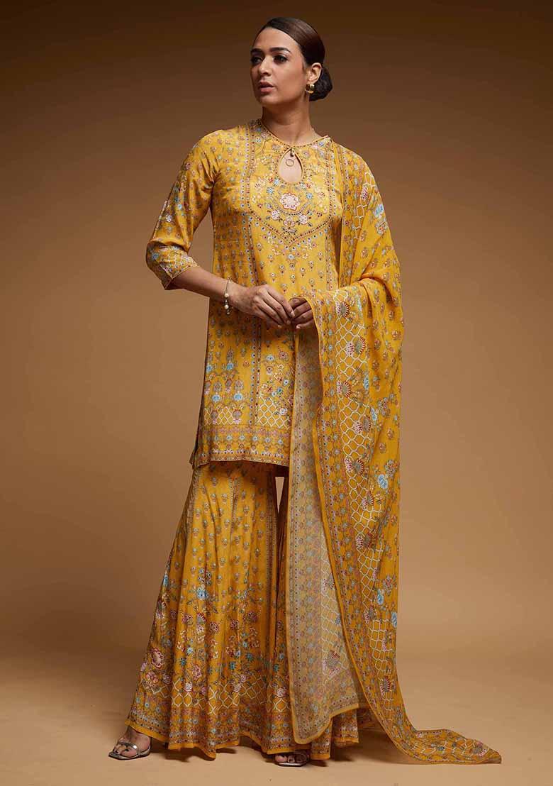 Mustard Yellow Printed Rhinestones Bamberg Crepe Work Sharara Set