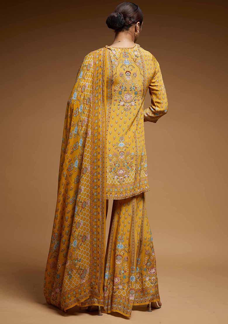 Mustard Yellow Printed Rhinestones Bamberg Crepe Work Sharara Set