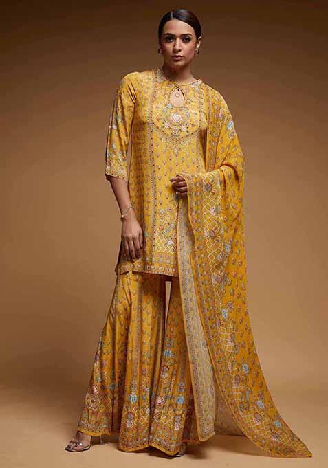 Mustard Yellow Printed Rhinestones Bamberg Crepe Work Sharara Set