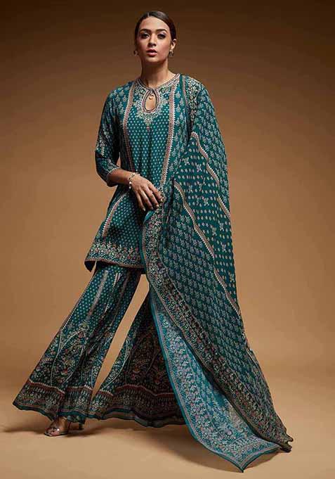 Teal Blue Printed Rhinestones Work Bamberg Crepe Sharara Set