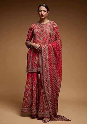 Red Printed Rhinestones Work Bamberg Crepe Sharara Set