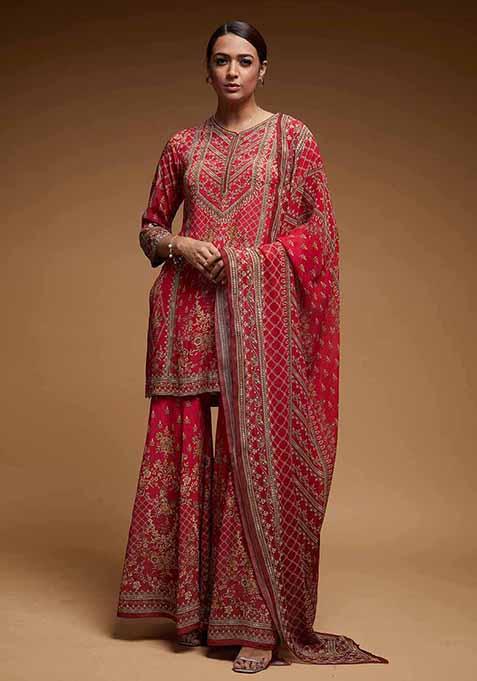 Red Printed Rhinestones Work Bamberg Crepe Sharara Set