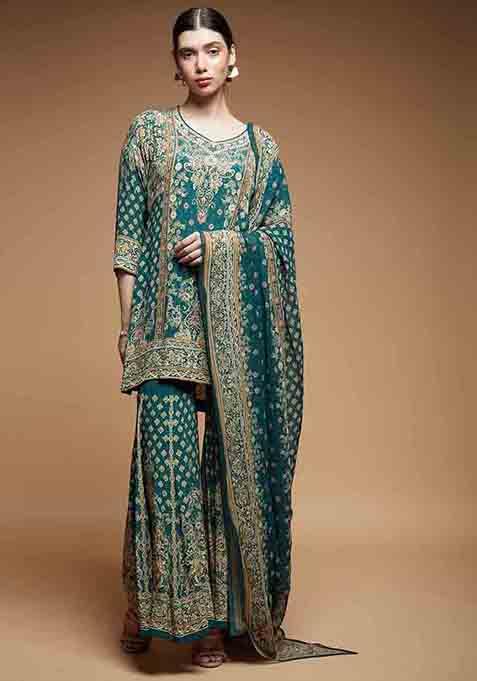 Teal Printed Rhinestones Work Crepe Sharara Set