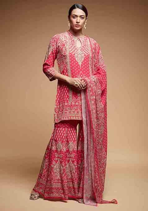 Red Printed Rhinestones Work Crepe Sharara Set