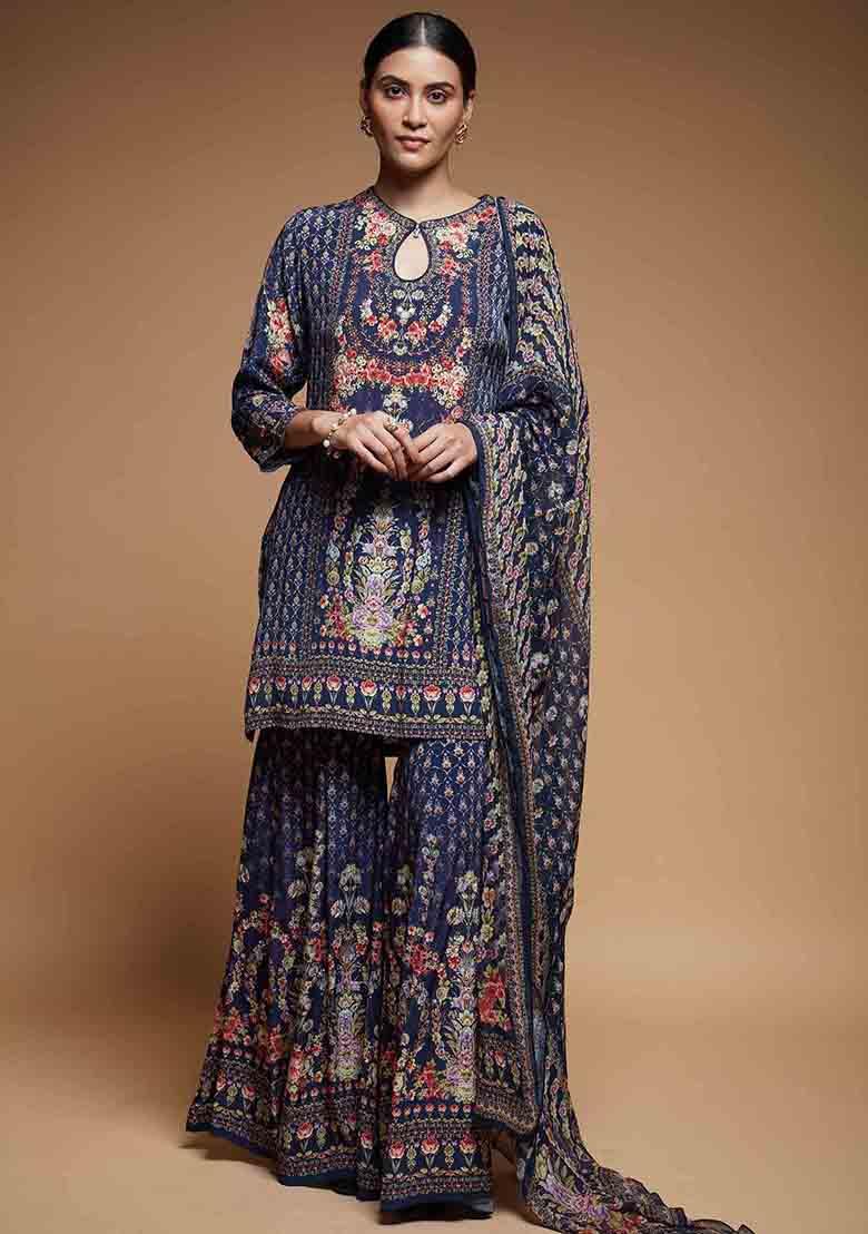 Blue Printed Rhinestones Work Crepe Sharara Set
