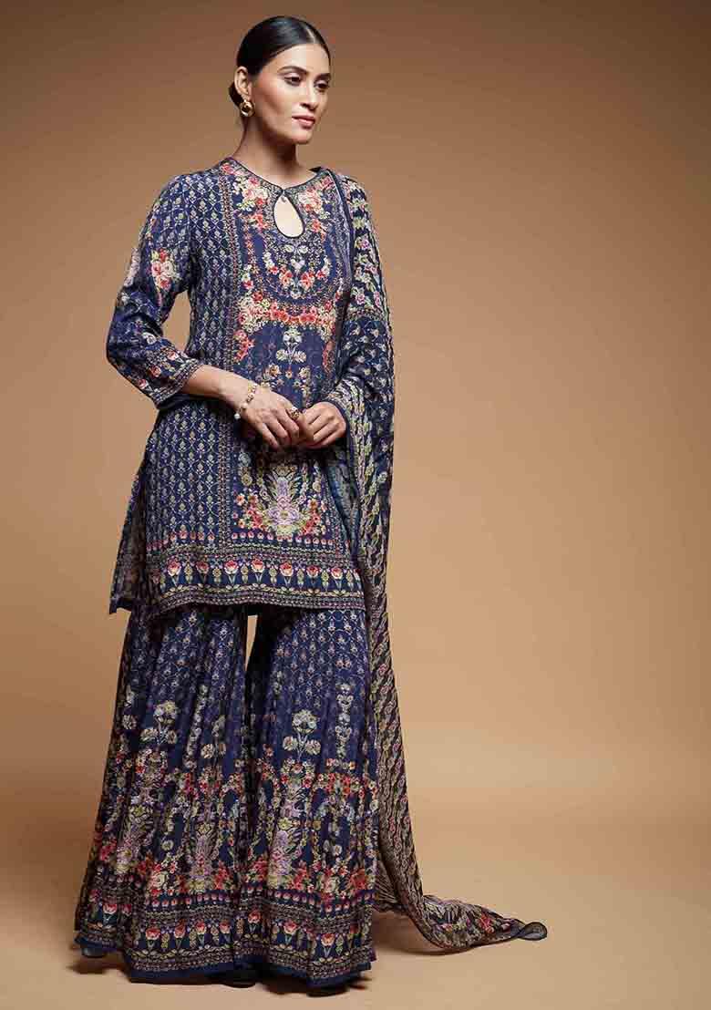 Blue Printed Rhinestones Work Crepe Sharara Set