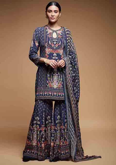 Blue Printed Rhinestones Work Crepe Sharara Set