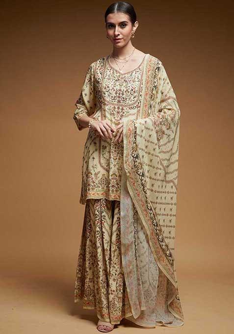 Beige Printed Rhinestones Work Crepe Sharara Set