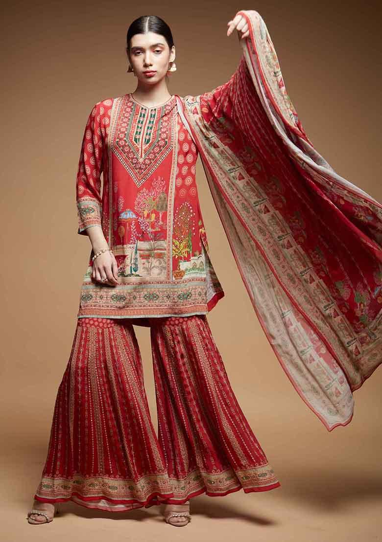 Red Rhinestones Work Bamberg Crepe Sharara Set