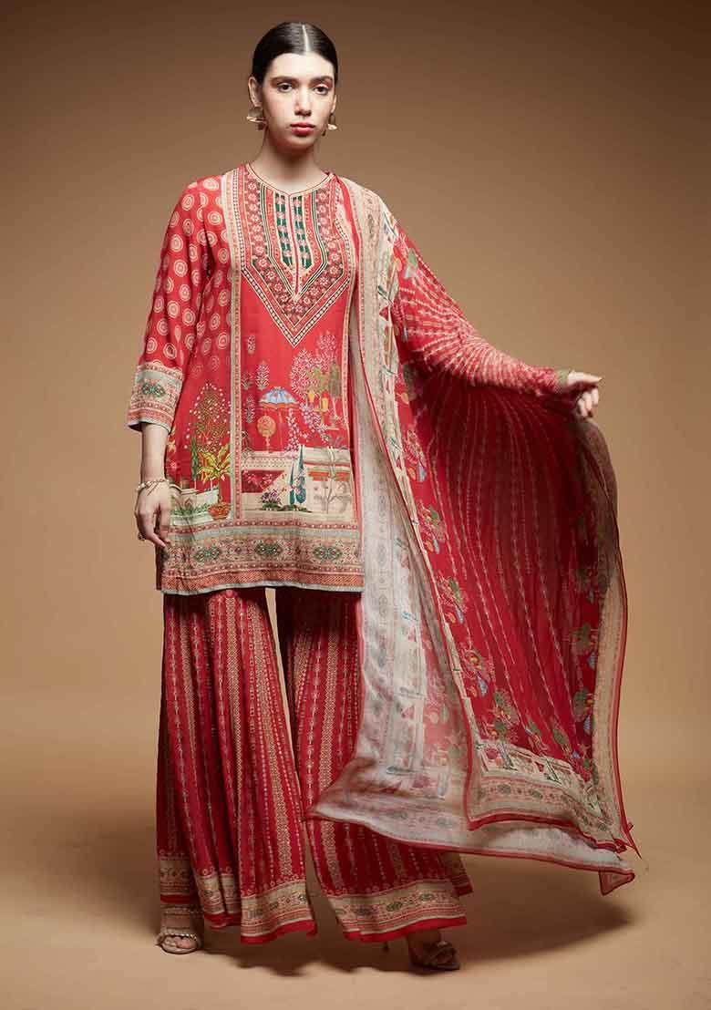 Red Rhinestones Work Bamberg Crepe Sharara Set