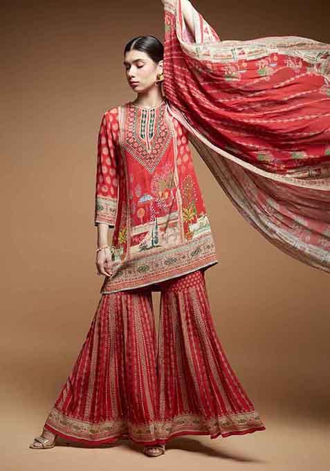 Red Rhinestones Work Bamberg Crepe Sharara Set