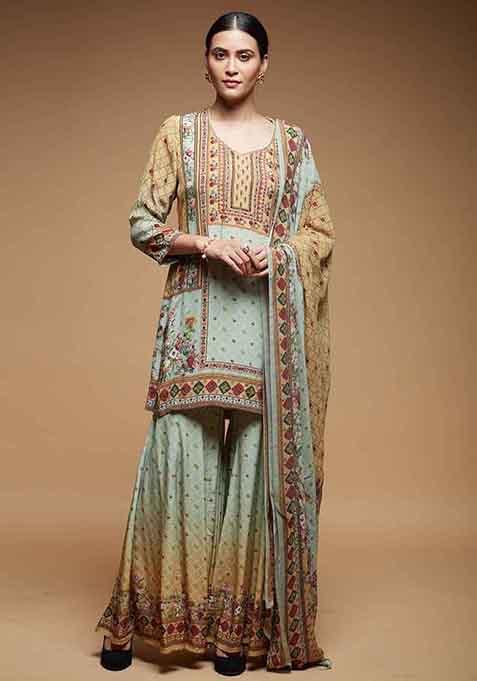 Aqua Printed Rhinestones Work Bamberg Crepe Sharara Set