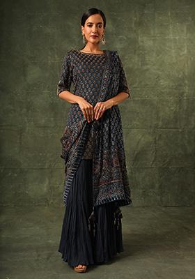 Navy Blue Cutdana Embroidered Ajrakh Kurta Set