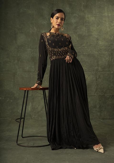 Black Cutdana Embroidered Ajrakh Anarkali Gown