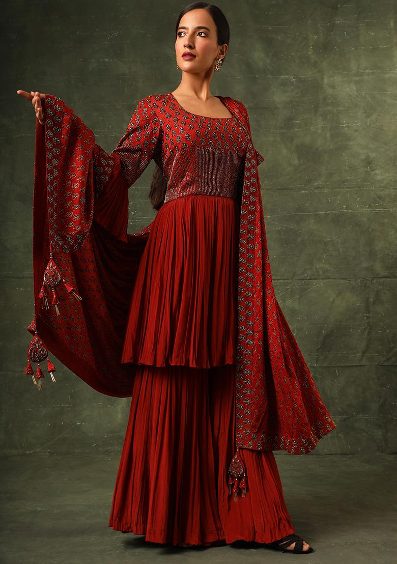 Scarlet Red Cutdana Embroidered Ajrakh Kurta Set