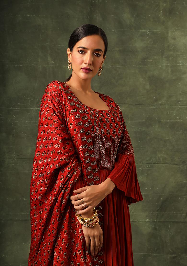 Scarlet Red Cutdana Embroidered Ajrakh Kurta Set