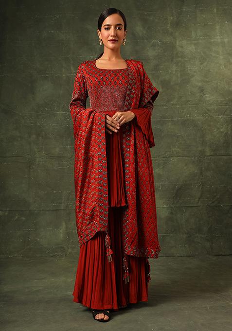 Scarlet Red Cutdana Embroidered Ajrakh Kurta Set