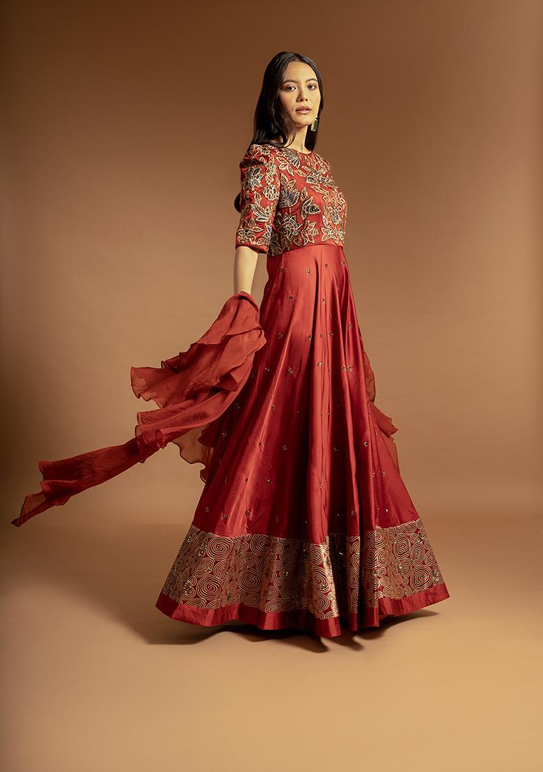 Red Cutdana Bead Embroidered Pure Satin Crepe Anarkali Gown With Dupatta