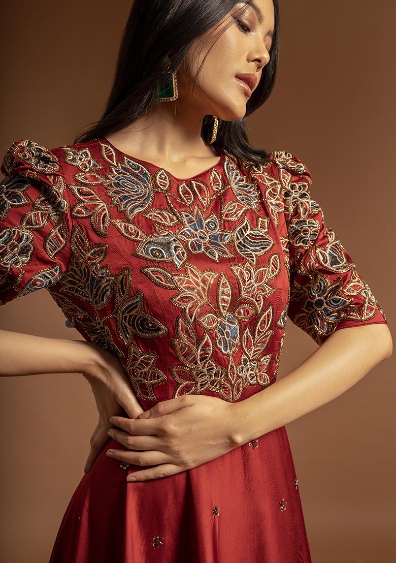 Red Cutdana Bead Embroidered Pure Satin Crepe Anarkali Gown With Dupatta