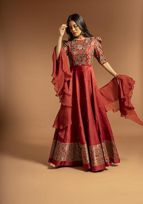 Red Cutdana Bead Embroidered Pure Satin Crepe Anarkali Gown With Dupatta