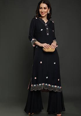 Midnight Blue Thread Work Crepe Kurta Set