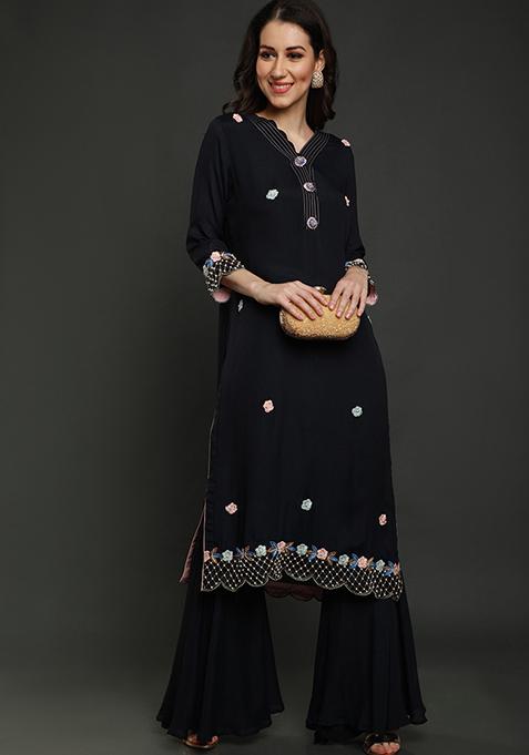 Midnight Blue Thread Work Crepe Kurta Set