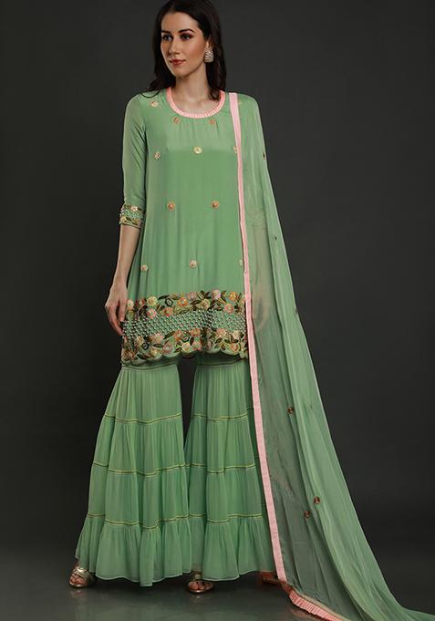 Mint Green Thread Work Crepe Kurta Set