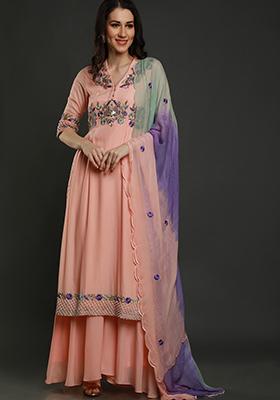 Peach Thread Work Crepe Kurta Set