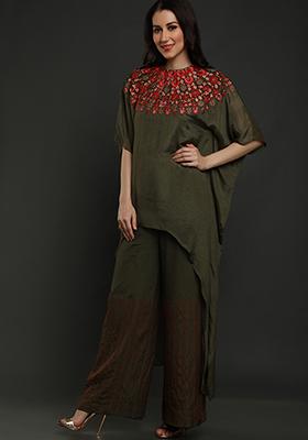 Bottle Green Thread Work Crepe Kurta Set