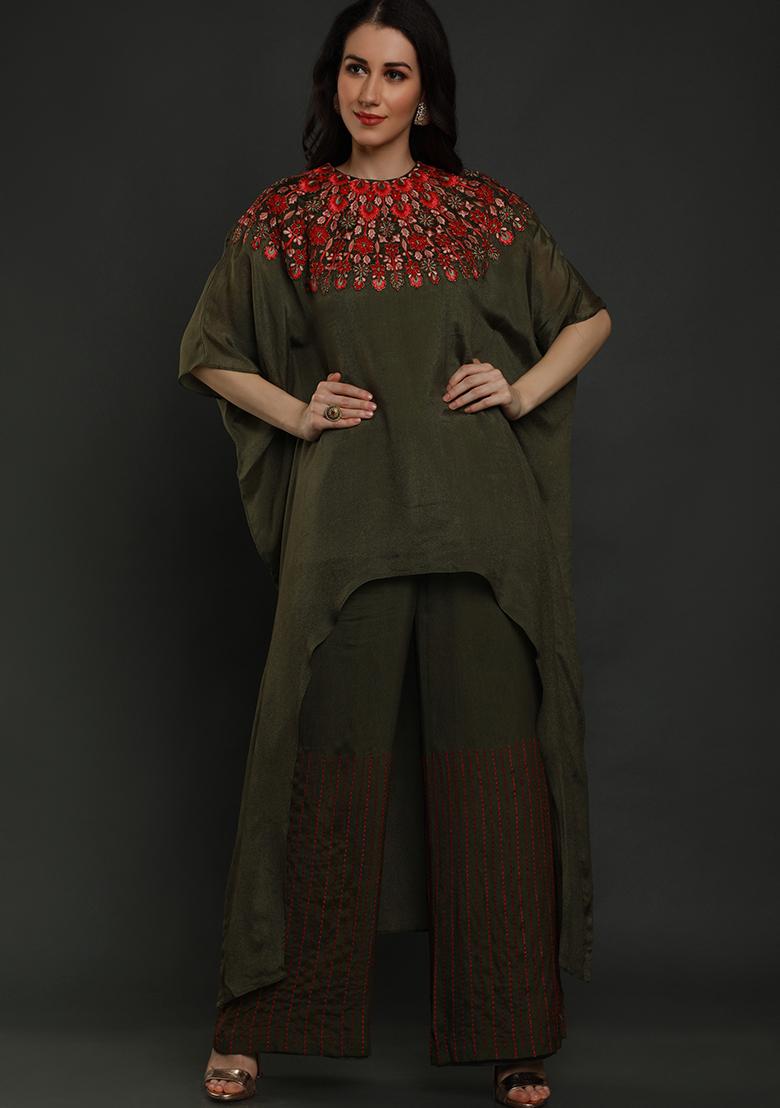 Bottle Green Thread Work Crepe Kurta Set