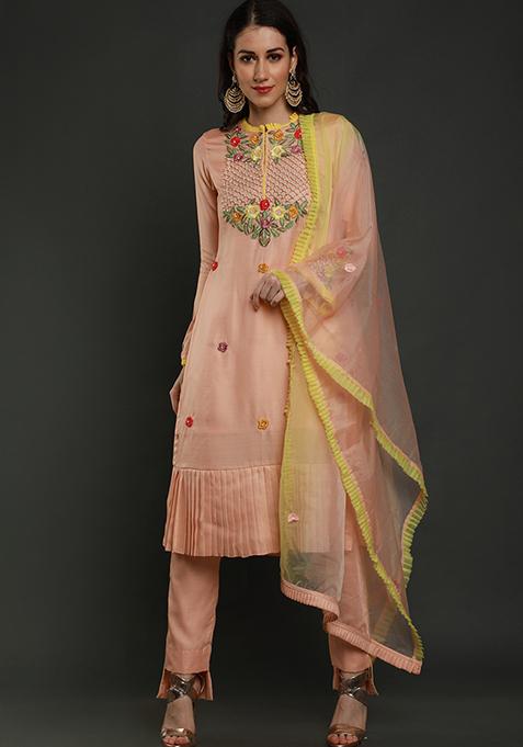 Peach Thread Work Crepe Kurta Set