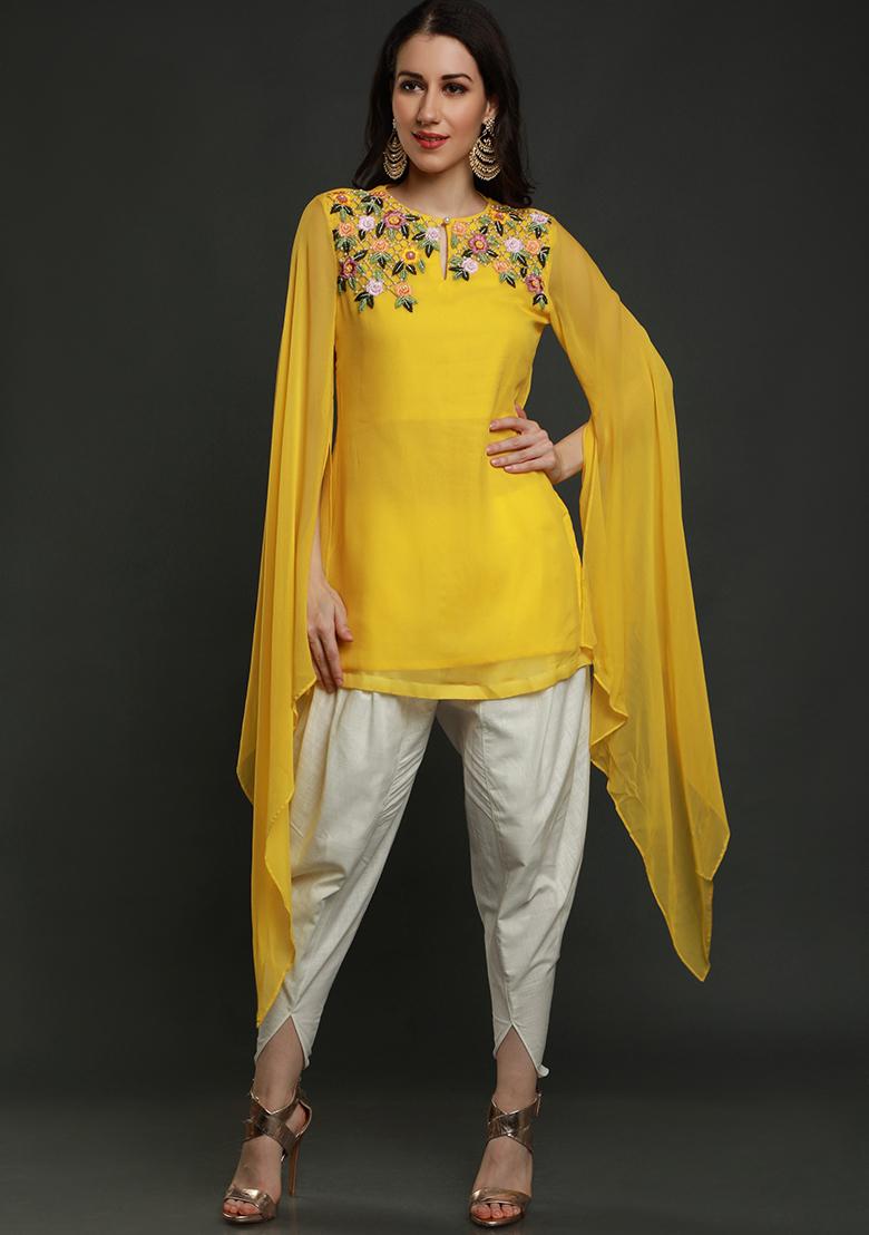 Mango Yellow Thread Work Crepe Kurta Set