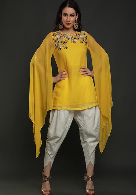 Mango Yellow Thread Work Crepe Kurta Set