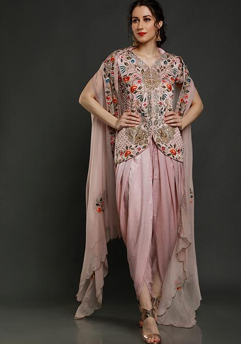 Dusky Pink Thread Work Crepe Kurta Set