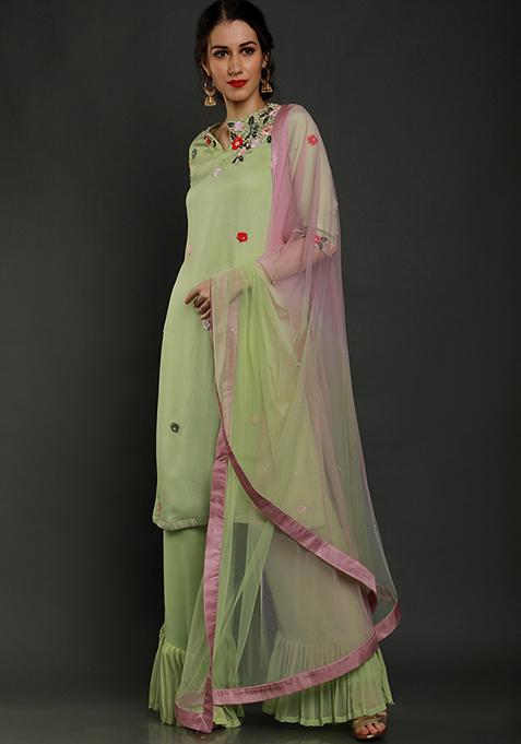 Mint Green Thread Work Crepe Kurta Set