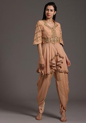 Peach Thread Work Organza Peplum Set