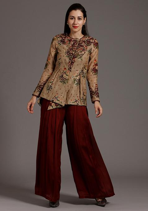 Dark Beige Thread Work Chanderi Crepe Palazzo Set