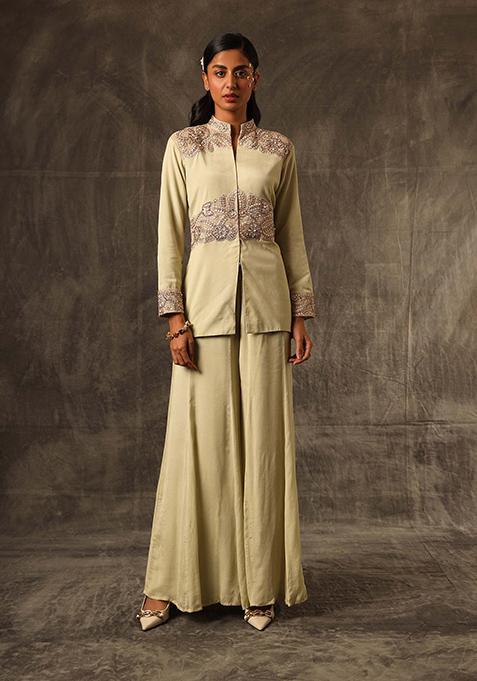 Biscotti Beige Cutdana Embroidered Georgette Palazzo Set