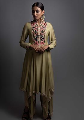 Pastel Green Cut Pipe Work Jute Crepe Kurta Set