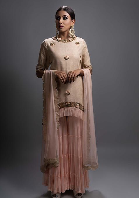 Beige And Light Peach Cut Pipe Work Jute Crepe Kurta Set