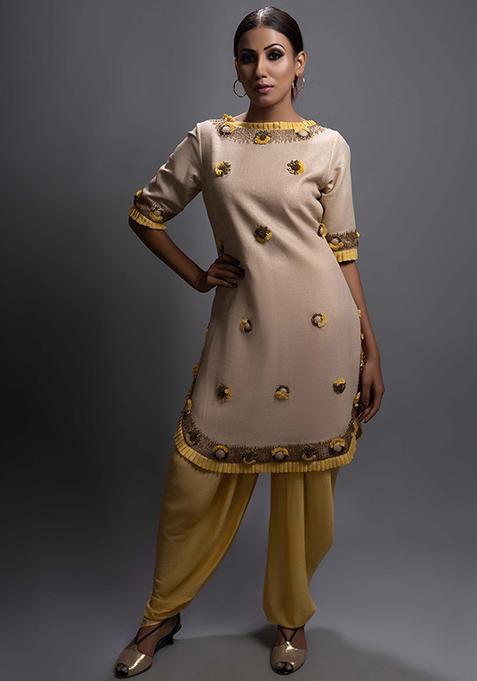 Ochre Yellow And Beige Cut Pipe Work Jute Crepe Kurta Set