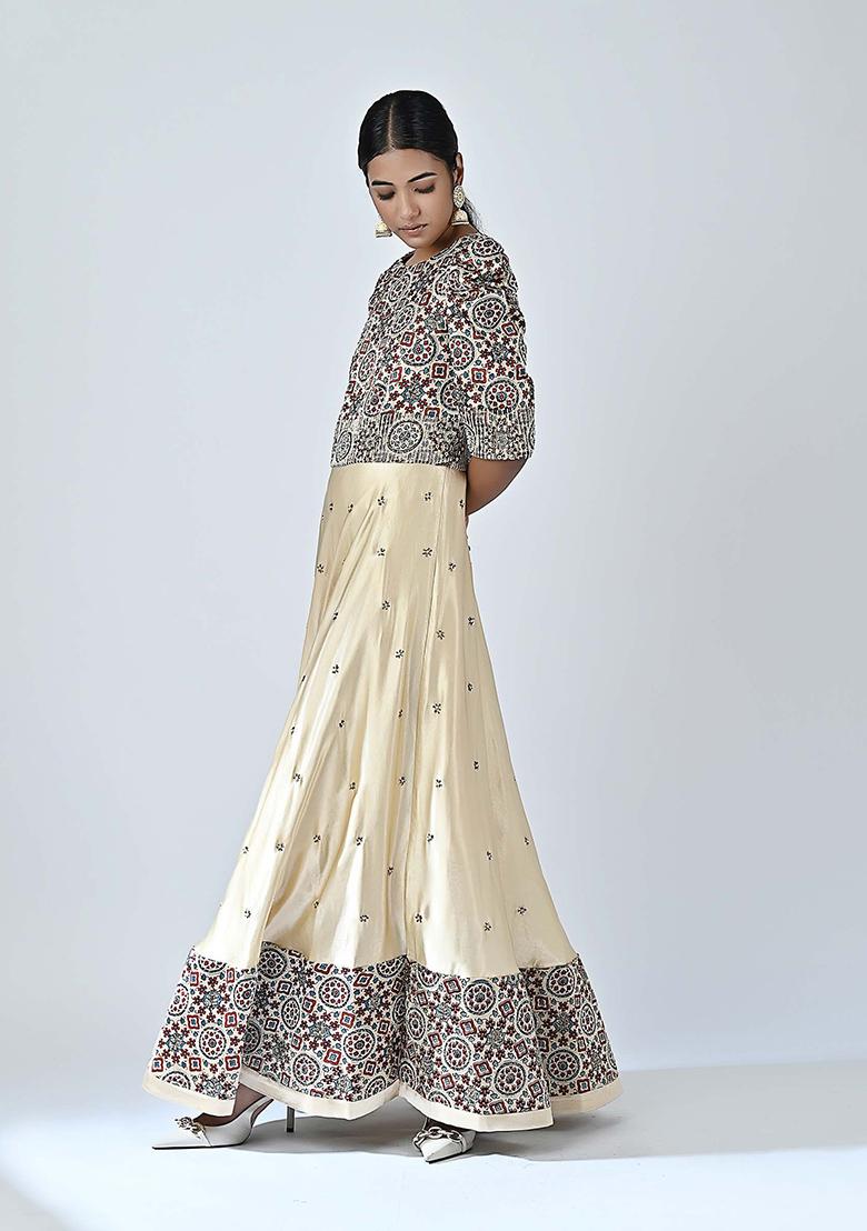Beige Cutdana Embroidered Mashru Silk Anarkali Kurta