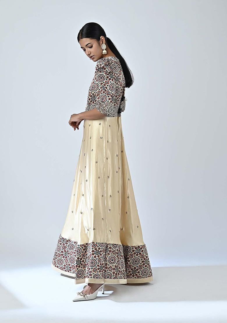 Beige Cutdana Embroidered Mashru Silk Anarkali Kurta
