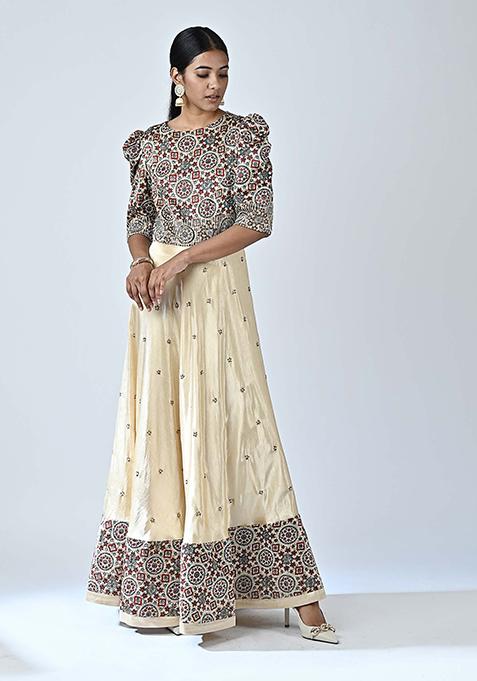 Beige Cutdana Embroidered Mashru Silk Anarkali Kurta