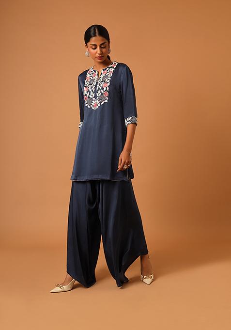 Cobalt Blue Cutdana Embroidered German Satin Kurta Set